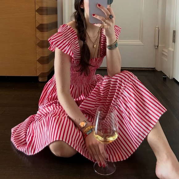 Women’s Red Stripe Midi Dress with Smocked Bodice - Picture 2 of 12